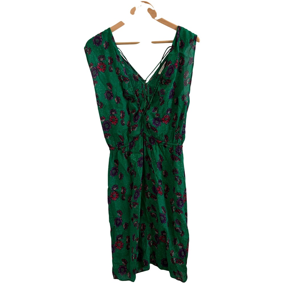 Isabel Marant Etoile Green Floral Silk Blend Lace Up V-Neck Dress Size 36